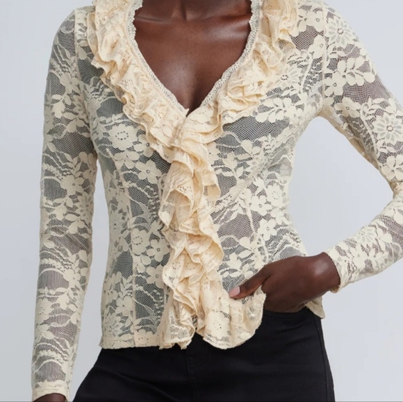 New York & Company Tops - New York & Company Floral Embroidered Ruffled Front Mesh Lace Top NWT